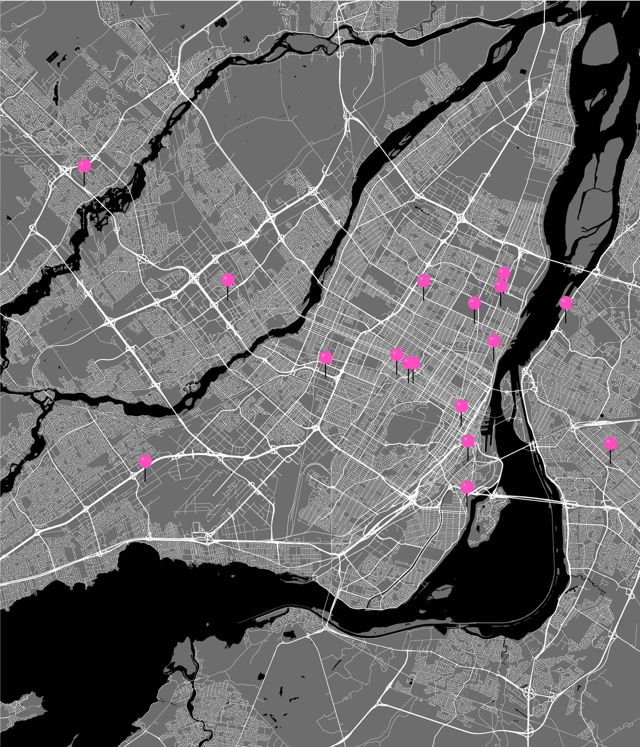 map of montreal with bouldering gym locations pinned